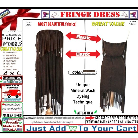 🛑 BULLY Strapless➕🆒 FRINGE Dual Elastic DRESS Mineral Wash 💸BUY NOW‼️🟢 - Picture 1 of 16